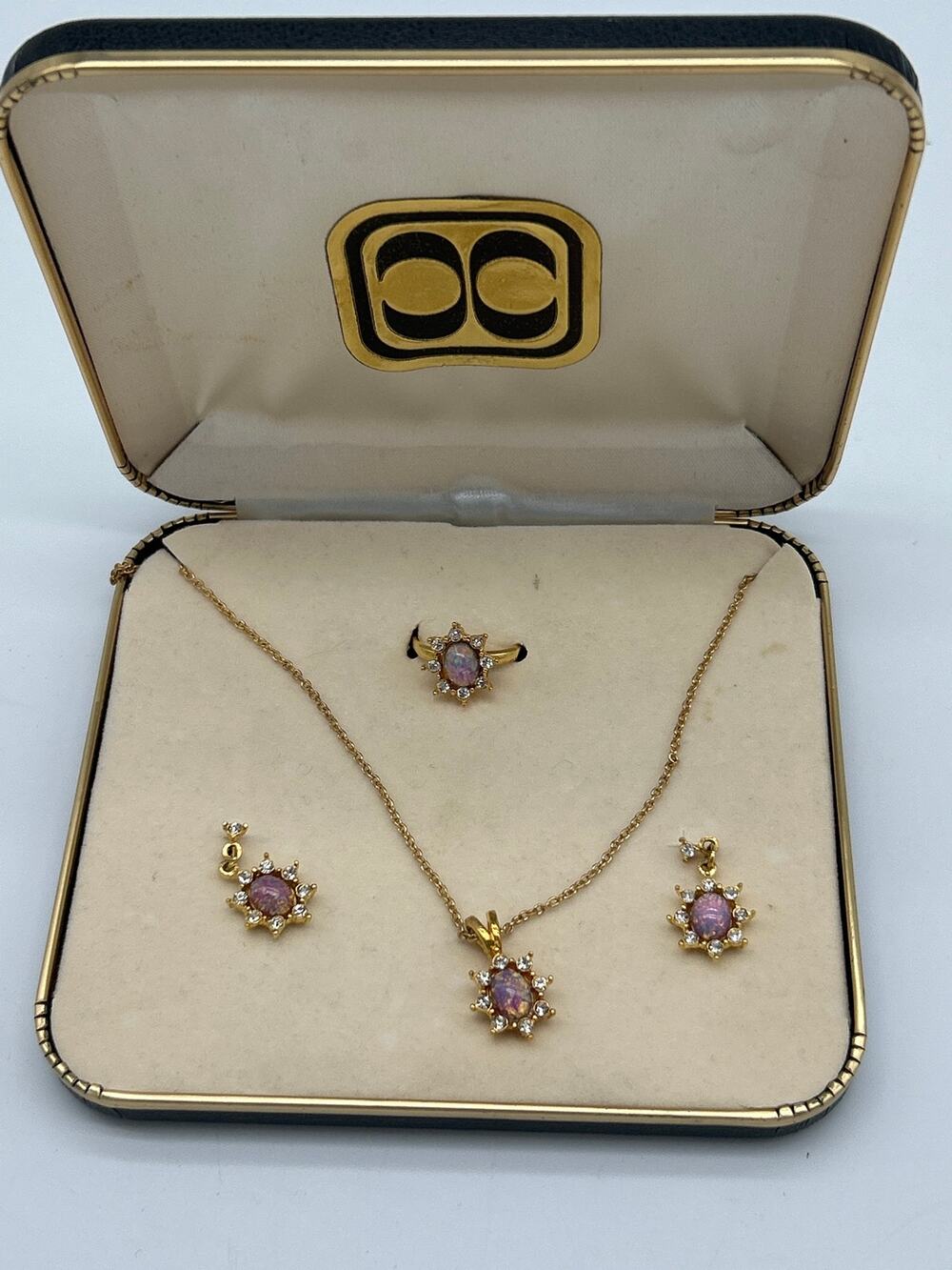 Vintage Purple Opalescent Rhinestone Jewelry Set Necklace Earrings Ring Box